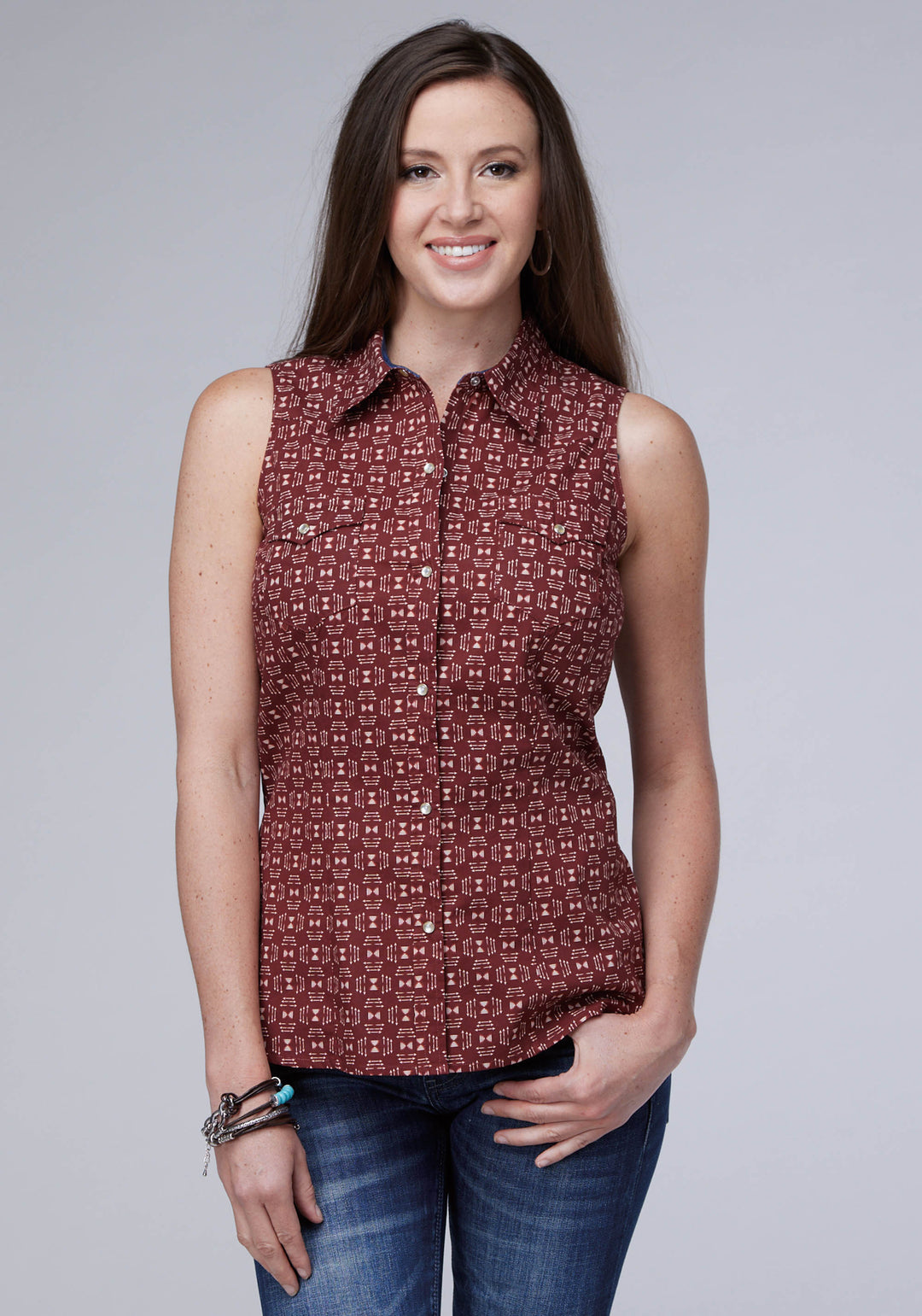 WOMENS SLEEVELESS SNAP IKAT ARROWS TOP