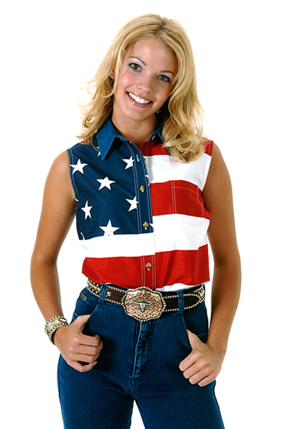 WOMENS RED WHITE AND BLUE STARS AND STRIPES PIECED AMERICAN FLAG LONG SLEEVELESS WESTERN SNAP SHIRT
