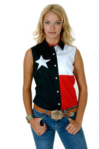 WOMENS RED WHITE AND BLUE PIECED TEXAS FLAG SLEEVELESS WESTERN SNAP SHIRT