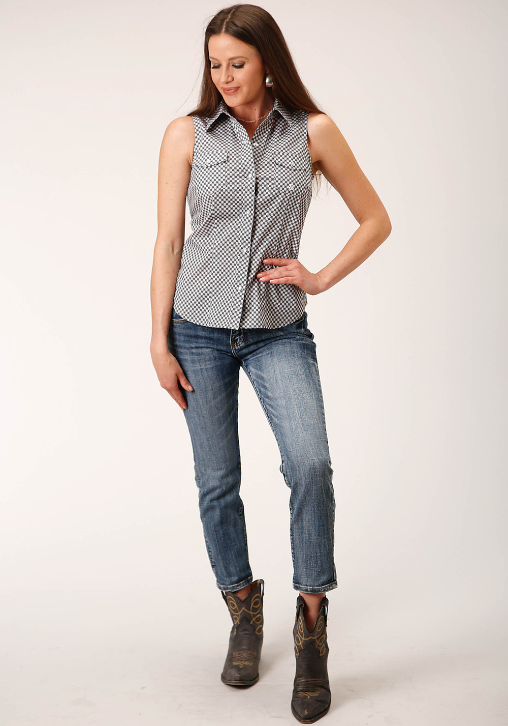 WOMENS SLEEVELESS SNAP DIAMOND STAR GEO  GREY WESTERN SHIRT
