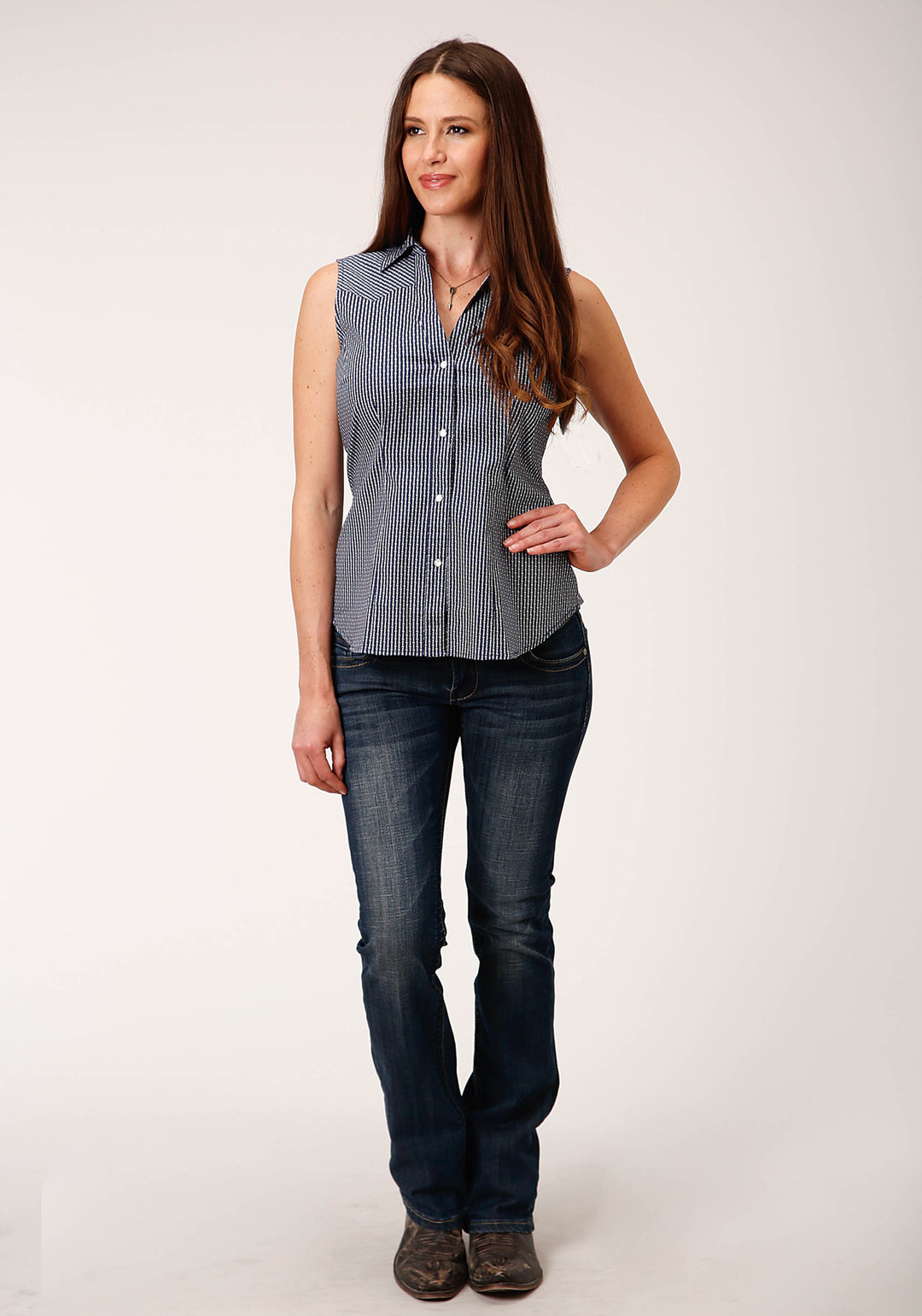 WOMENS SLEEVELESS SNAP ARROW ROPER PRINT  NAVY WESTERN SHIRT