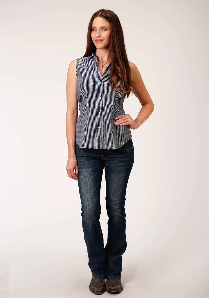 WOMENS SLEEVELESS SNAP ARROW ROPER PRINT  NAVY WESTERN SHIRT