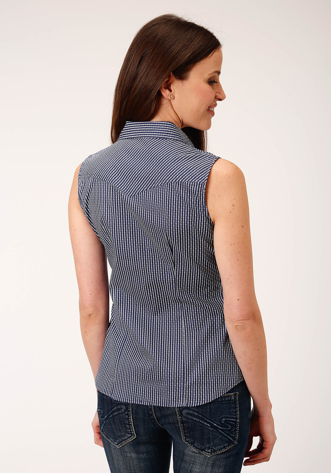 WOMENS SLEEVELESS SNAP ARROW ROPER PRINT  NAVY WESTERN SHIRT