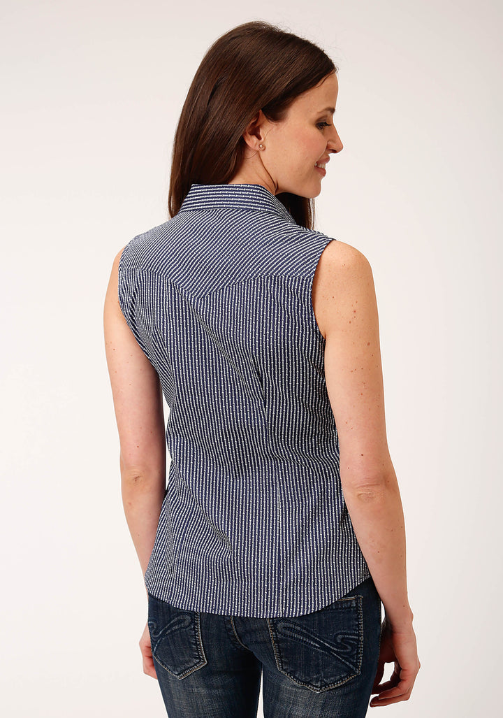 WOMENS SLEEVELESS SNAP ARROW ROPER PRINT  NAVY WESTERN SHIRT