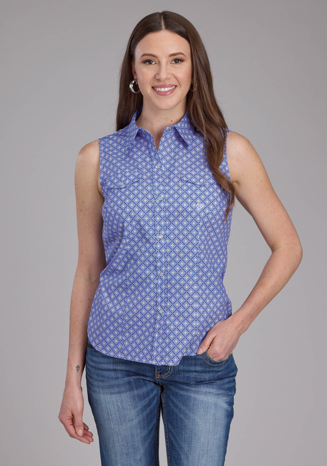 WOMENS PERIWINKLE FOULARD SLEEVELESS SNAP WESTERN SHIRT
