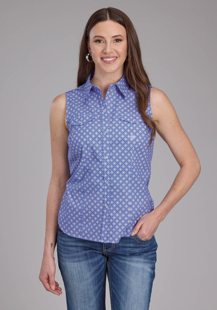 WOMENS PERIWINKLE FOULARD SLEEVELESS SNAP WESTERN SHIRT