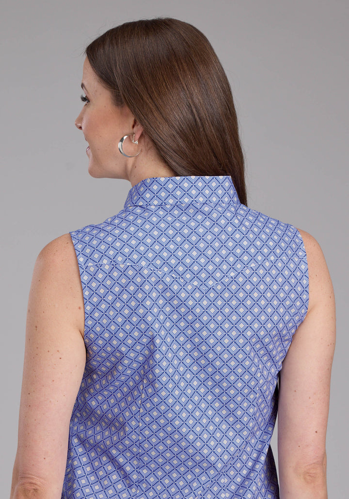 WOMENS PERIWINKLE FOULARD SLEEVELESS SNAP WESTERN SHIRT