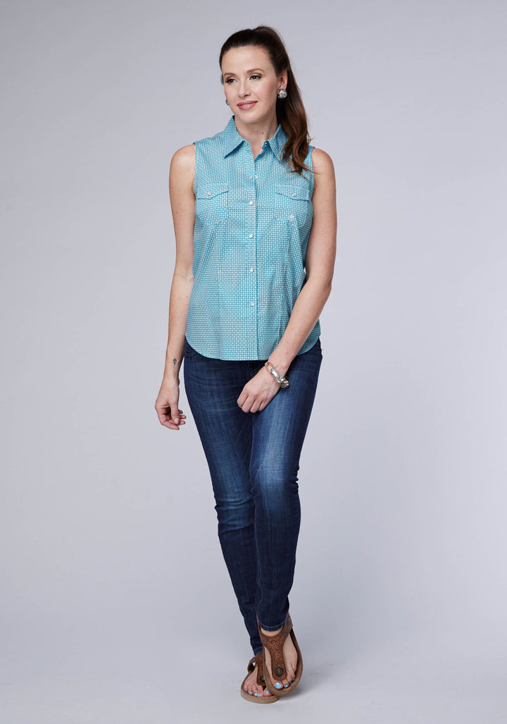 WOMENS STRETCH NEAT - TEAL SLEEVELESS SNAP WESTERN SHIRT