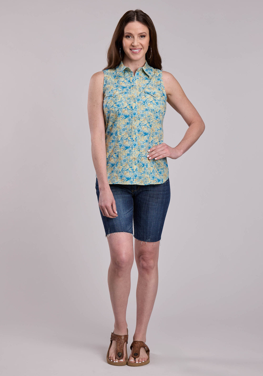 WOMENS ROPER HIBISCUS DREAMS PRINT SLEEVELESS SNAP SHIRT