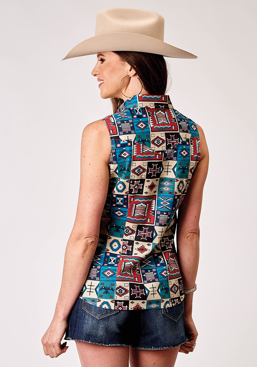 WOMENS SLEEVELESS SNAP VINTAGE PATCHWORK PRINT TOP