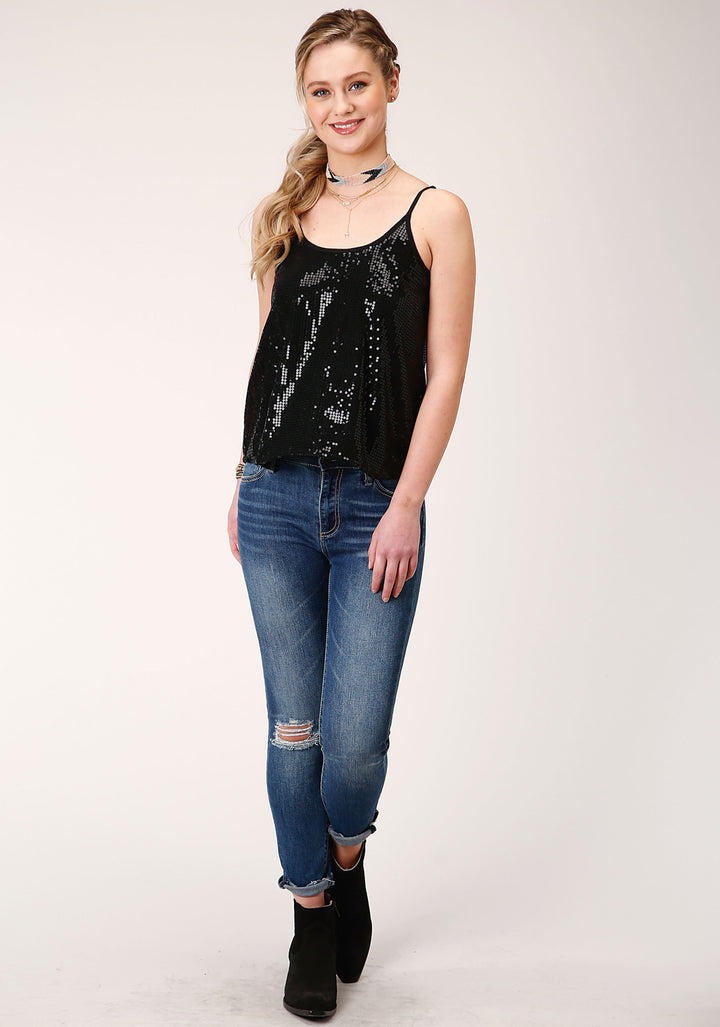 WOMENS SLEEVELESS  SOLID BLACK SEQUIN CAMI BLOUSE