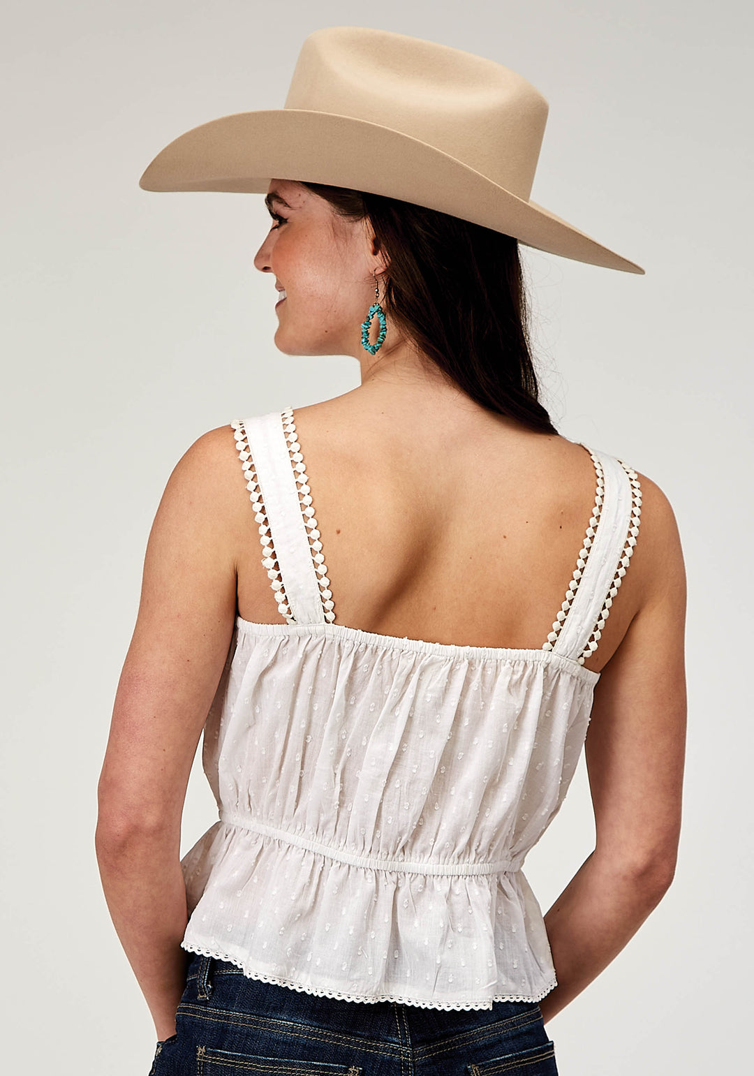 WOMENS SLEEVELESS SWISS DOT COTTON TANK TOP WITH PEPLUM HEMLINE AND EYELET TRIM