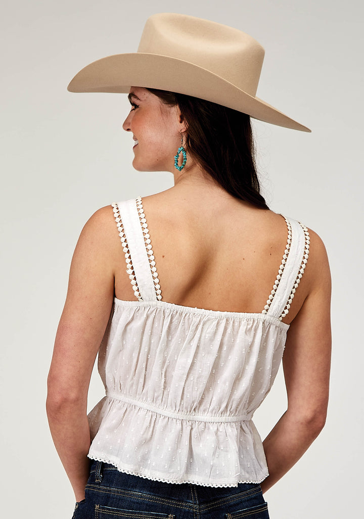 WOMENS SLEEVELESS SWISS DOT COTTON TANK TOP WITH PEPLUM HEMLINE AND EYELET TRIM
