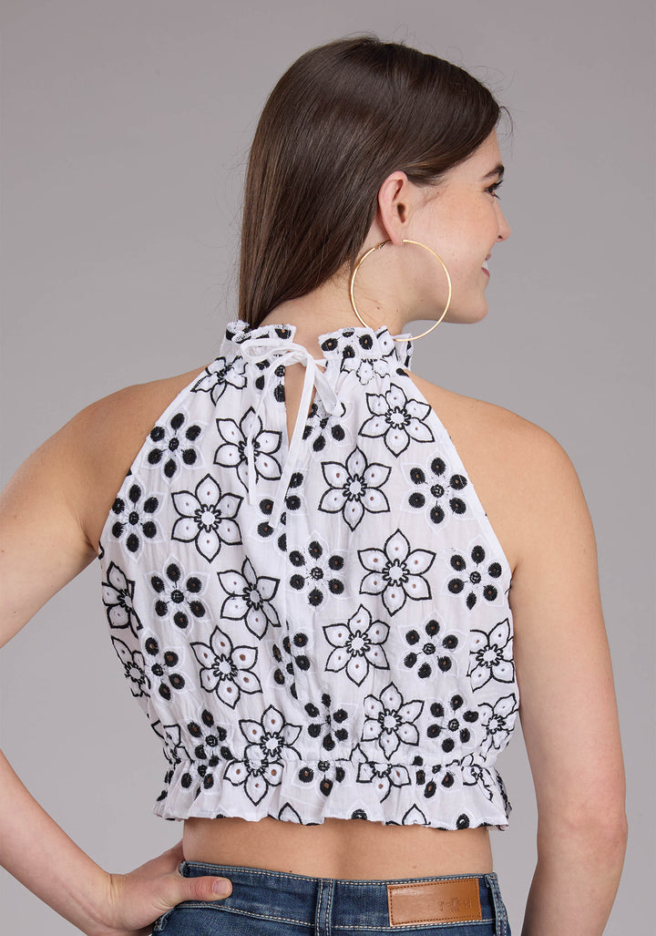 WOMENS BLACK AND WHITE EYELET HATLER NECK SLEEVELESS PULLOVER WESTERN SHIRT