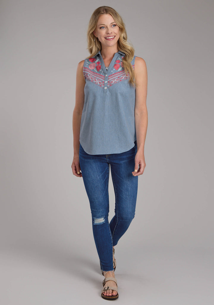 WOMENS DENIM SLEEVELESS BLOUSE SLEEVELESS BUTTON WESTERN SHIRT