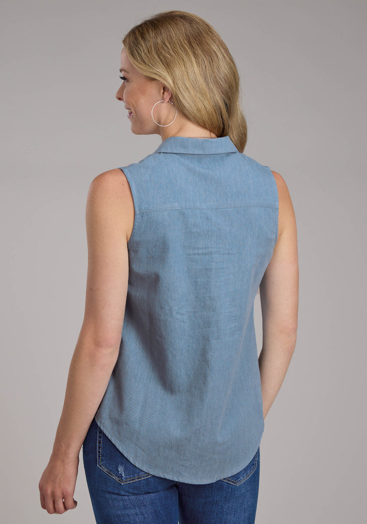WOMENS DENIM SLEEVELESS BLOUSE SLEEVELESS BUTTON WESTERN SHIRT