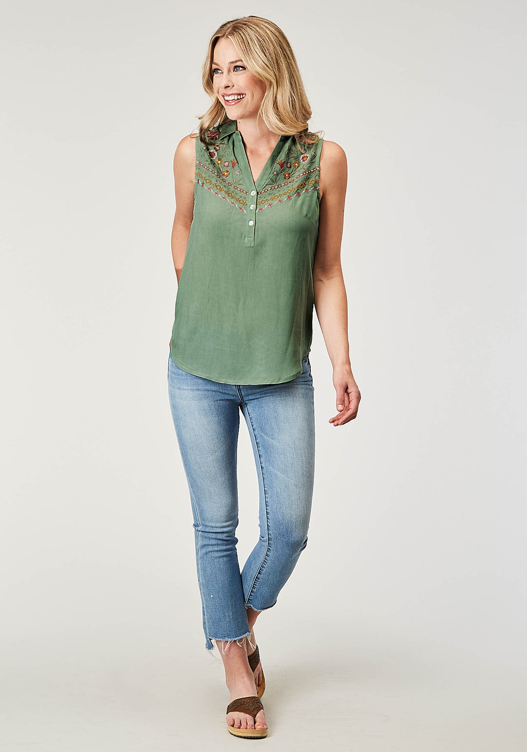 WOMENS SLEEVELESS BUTTON RAYON CHALLIS GREENBLOUSE WITH V NECK AND EMBROIDERY