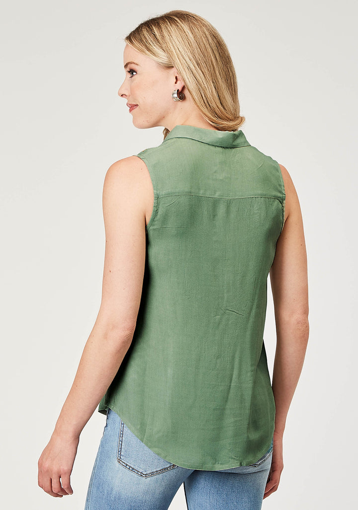 WOMENS SLEEVELESS BUTTON RAYON CHALLIS GREENBLOUSE WITH V NECK AND EMBROIDERY