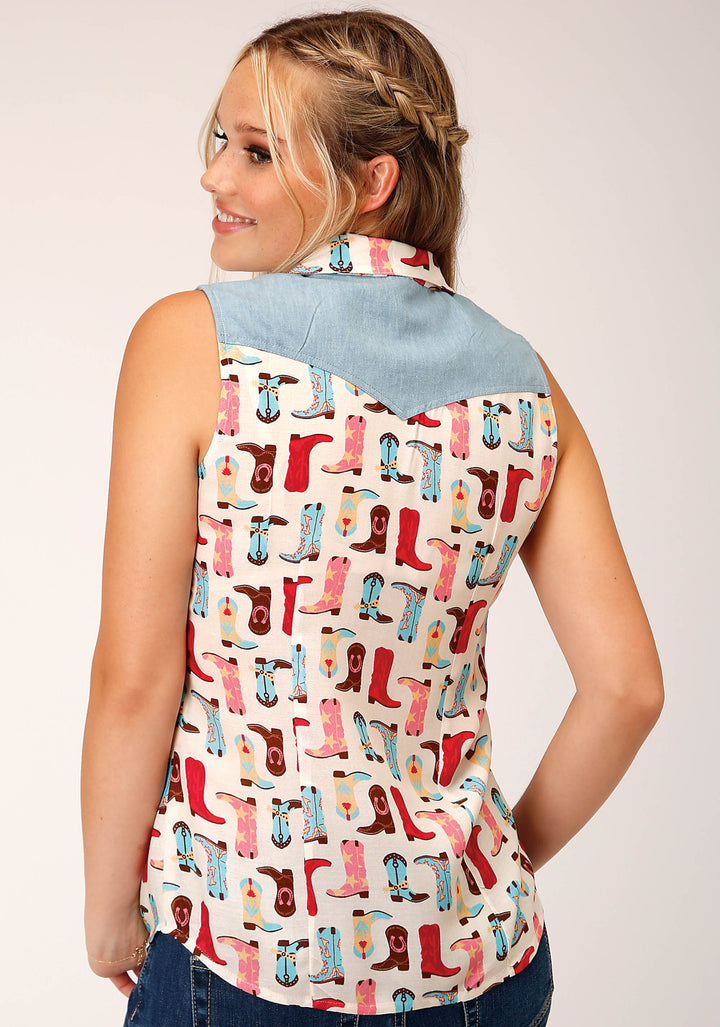 WOMENS SLEEVELESS  BOOT PRINT RAYON SLVLS WESTERN TOP BLOUSE