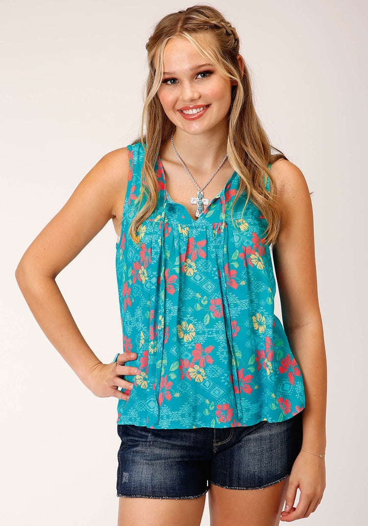 WOMENS SLEEVELESS  TROPICAL AZTEC PRINT RAYON BLOUSE