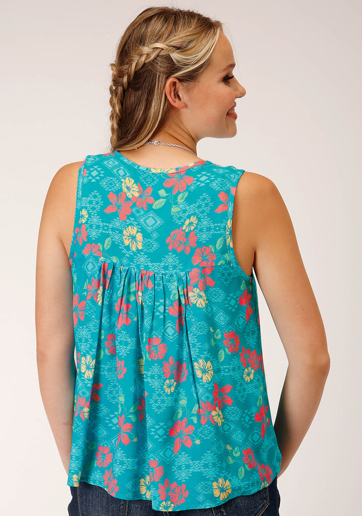WOMENS SLEEVELESS  TROPICAL AZTEC PRINT RAYON BLOUSE