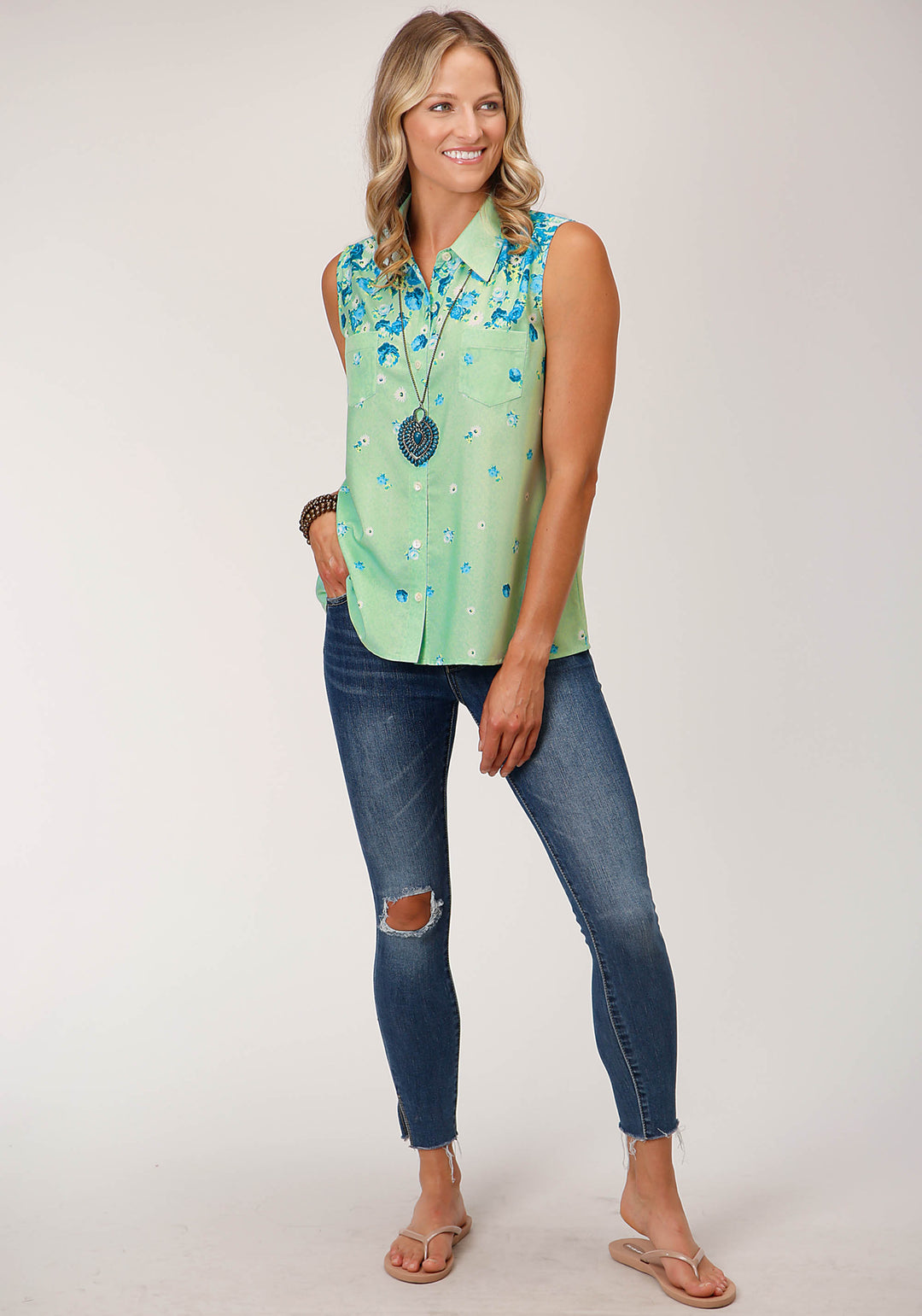 WOMENS SLEEVELESS  SUMMER FLORAL BRDR PRINT AMER CREPE BLOUSE