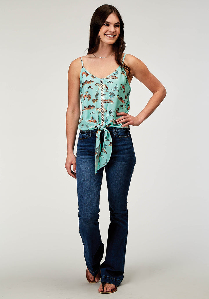 WOMENS SLEEVELESS DESERT TOILE PRINT RAYON TANK WITH SPAGHETTI STRAP AND FRONT TIE