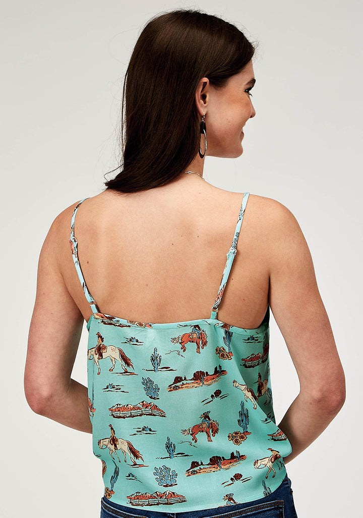 WOMENS SLEEVELESS DESERT TOILE PRINT RAYON TANK WITH SPAGHETTI STRAP AND FRONT TIE