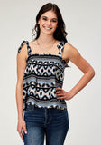 WOMENS SLEEVELESS NAVY AZTEC PRINTED RAYON TANK WITH BABYDOLL SELF TIES SHIRRING