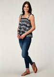 WOMENS SLEEVELESS NAVY AZTEC PRINTED RAYON TANK WITH BABYDOLL SELF TIES SHIRRING