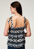 WOMENS SLEEVELESS NAVY AZTEC PRINTED RAYON TANK WITH BABYDOLL SELF TIES SHIRRING