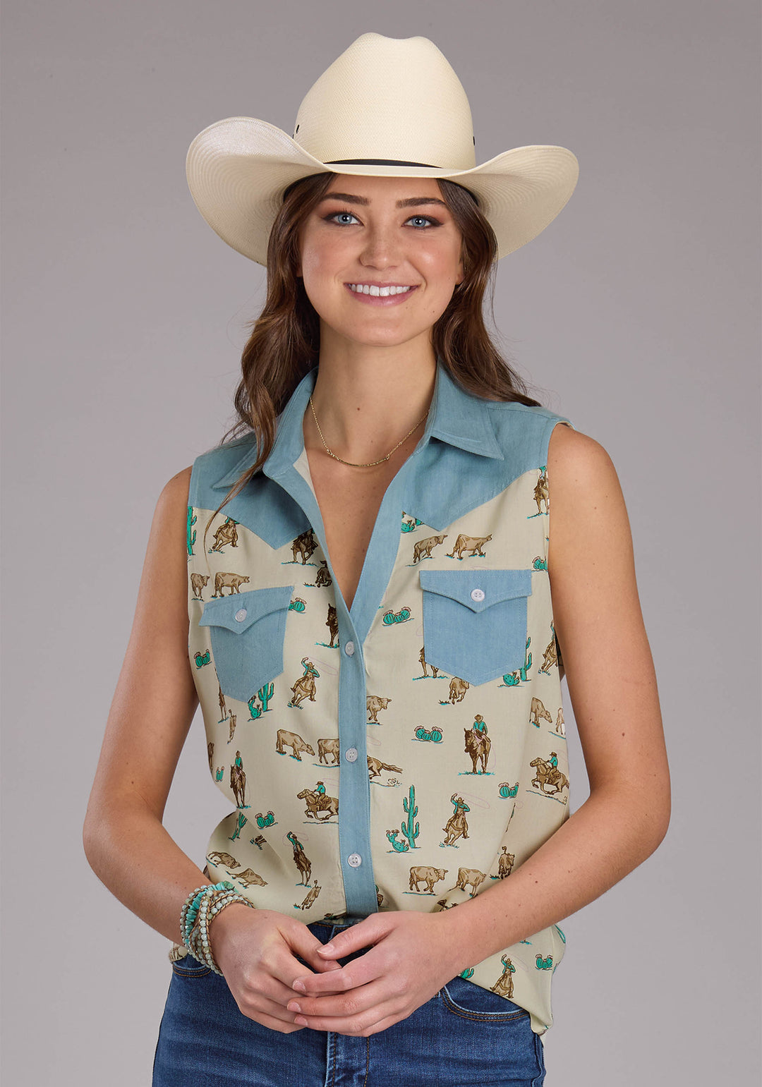 WOMENS ROPERS PRINTED RAYON BLOUSE SLEEVELESS BUTTON WESTERN SHIRT