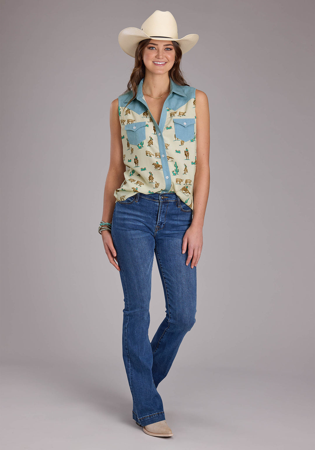 WOMENS ROPERS PRINTED RAYON BLOUSE SLEEVELESS BUTTON WESTERN SHIRT