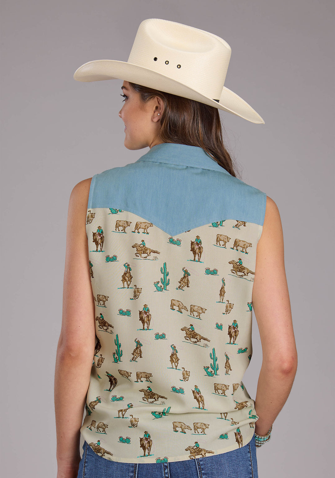 WOMENS ROPERS PRINTED RAYON BLOUSE SLEEVELESS BUTTON WESTERN SHIRT