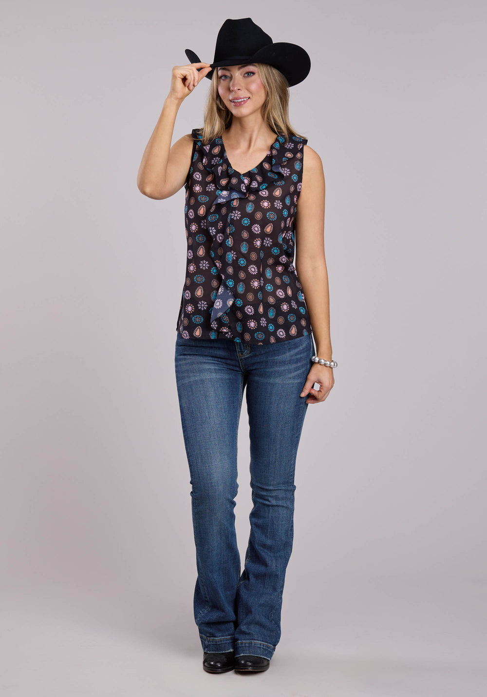 WOMENS ROPER BLACK CONCHO PRINT Sleeveless Tops