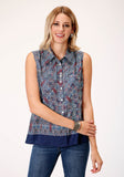 WOMENS SLEEVELESS  POLY CREPE TRIBAL BORDER PRINT BLOUSE