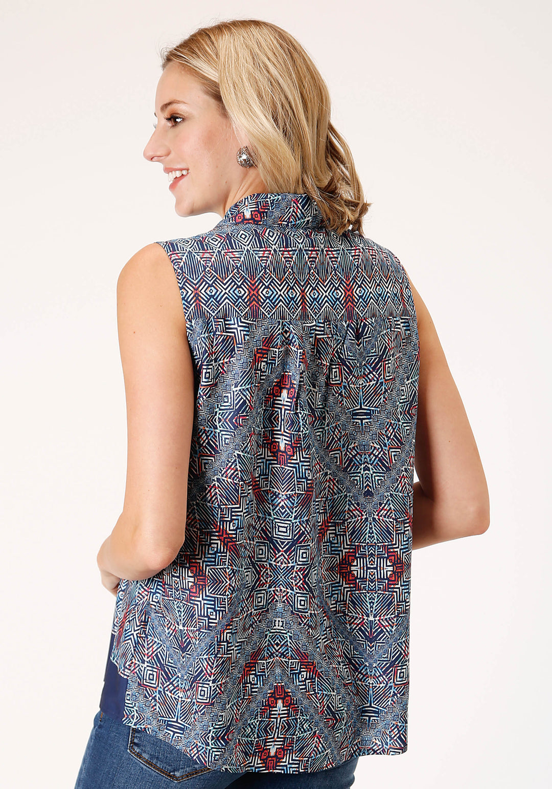 WOMENS SLEEVELESS  POLY CREPE TRIBAL BORDER PRINT BLOUSE