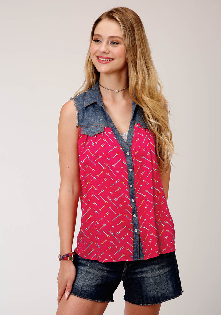 WOMENS ARROW PRT RAYON SLVLS BLOUSE SLEEVELESS TOP