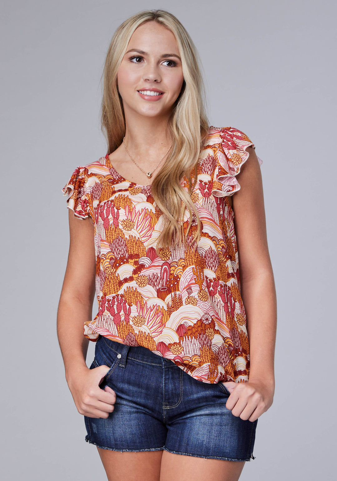 WOMENS SLEEVELESS GROOVY CACTI PRINT RAYON TANK WITH RUFFLE SLEEVE V NECK