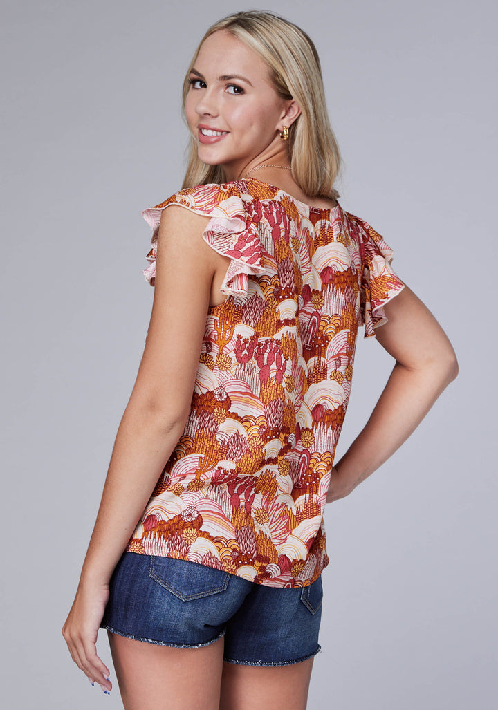 WOMENS SLEEVELESS GROOVY CACTI PRINT RAYON TANK WITH RUFFLE SLEEVE V NECK