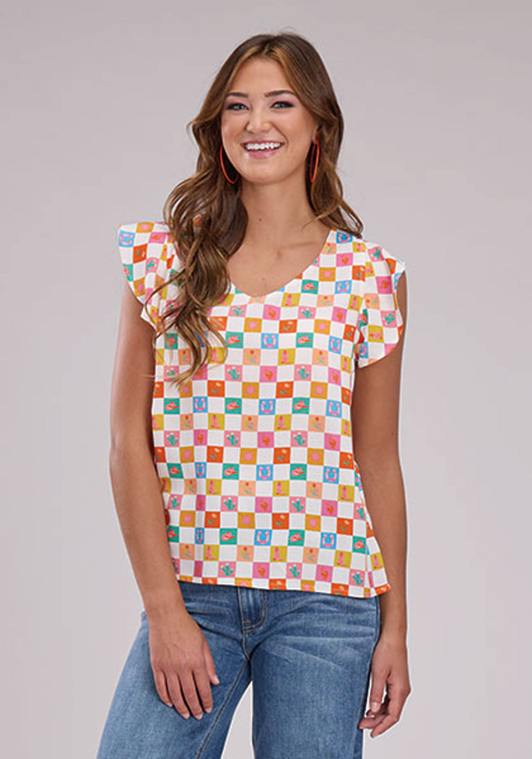 WOMENS SLEEVELESS PULLOVER CHECKER PRINT RAYON V NECK TANK WESTERN SHIRT