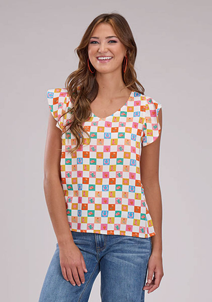 WOMENS SLEEVELESS PULLOVER CHECKER PRINT RAYON V NECK TANK WESTERN SHIRT