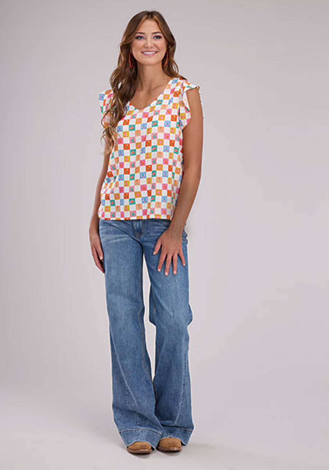 WOMENS SLEEVELESS PULLOVER CHECKER PRINT RAYON V NECK TANK WESTERN SHIRT