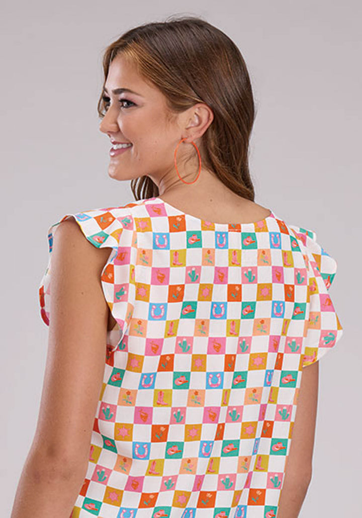 WOMENS SLEEVELESS PULLOVER CHECKER PRINT RAYON V NECK TANK WESTERN SHIRT