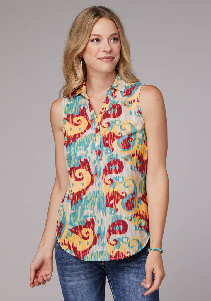 WOMENS SLEEVELESS BUTTON IKAT PAISLEY PRINT POLY CREPE BLOUSE