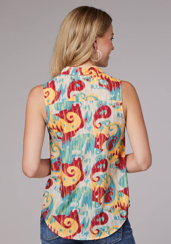 WOMENS SLEEVELESS BUTTON IKAT PAISLEY PRINT POLY CREPE BLOUSE