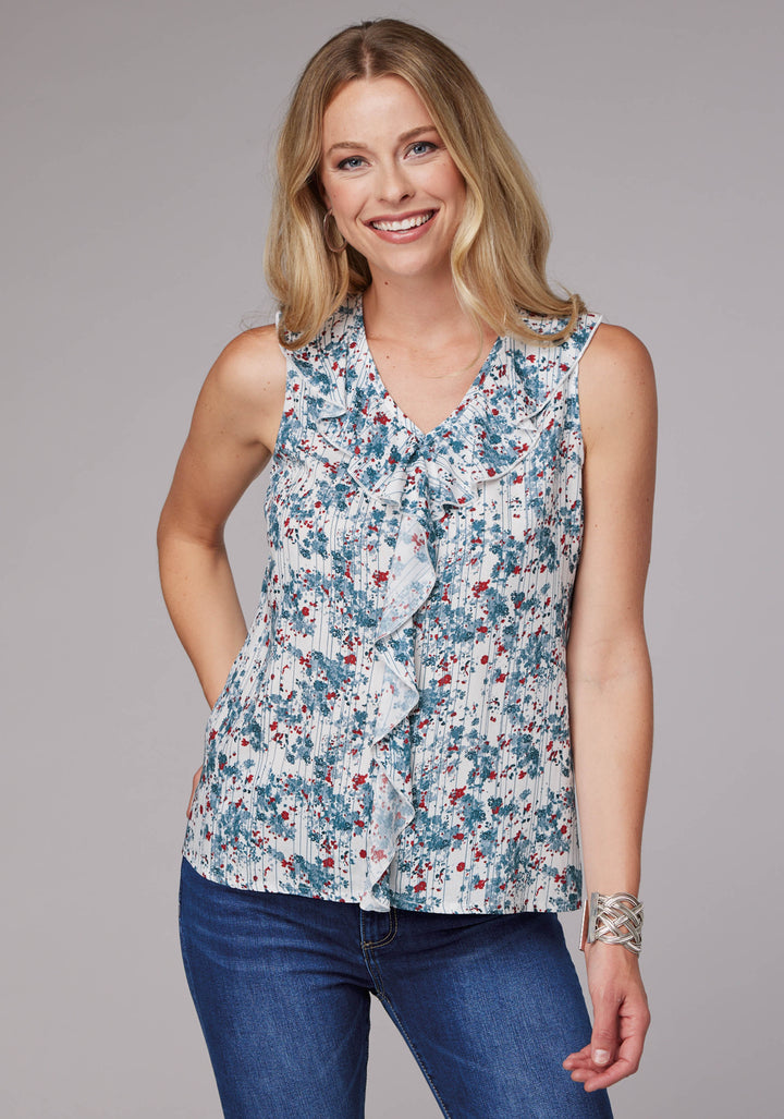 WOMENS DITZY FLORAL PRINT RAYON CHALLIS SLEEVELESS PULLOVER WESTERN SHIRT