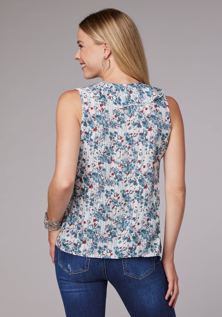 WOMENS DITZY FLORAL PRINT RAYON CHALLIS SLEEVELESS PULLOVER WESTERN SHIRT