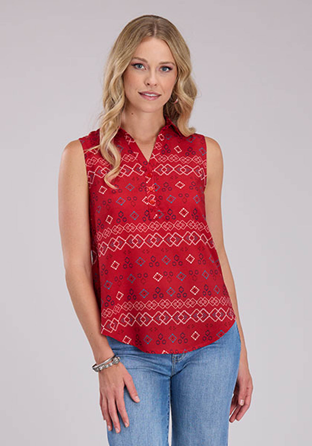 WOMENS RWB AZTEC BLOUSE SLEEVELESS BUTTON WESTERN SHIRT
