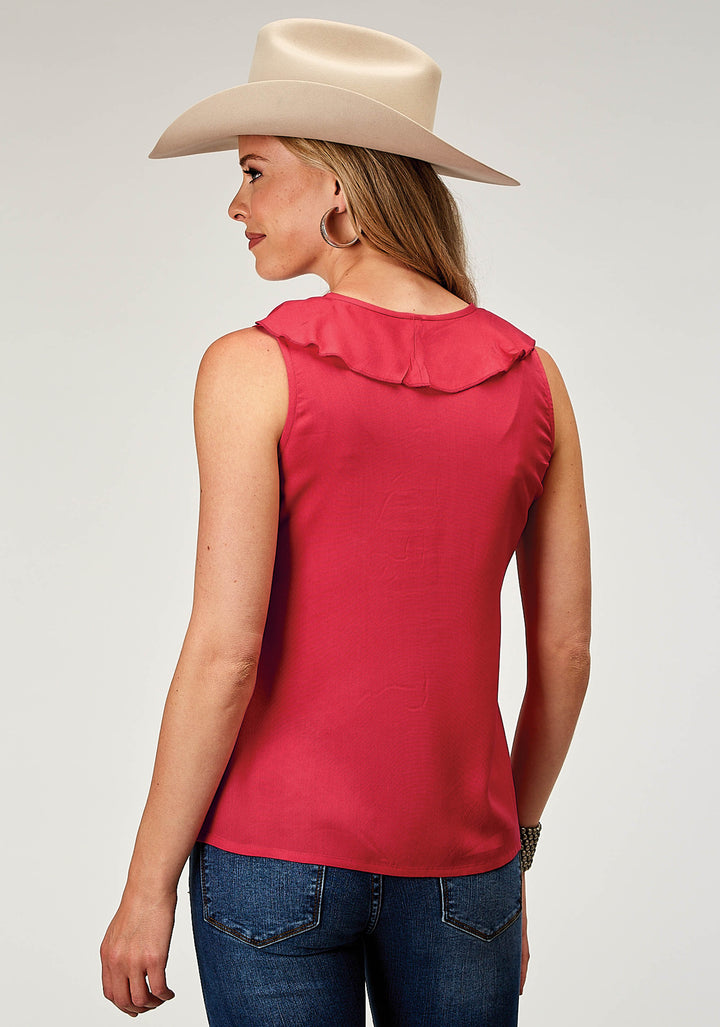 WOMENS SLEEVELESS RAYON CHALLIS BLOUSE WITH RUFFLES